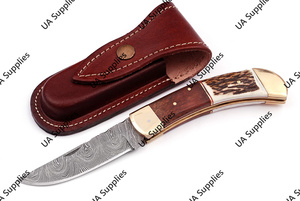 Best Price Damascus Steel <b>Back</b> Lock Folding Knife Stag Horn Rosewood Handle Brass Foldable Tactical <b>Drop</b> Point Survival ODM/ODM - Product Image 2