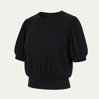 Haut de yoga pour femme, confortable, pour l'entraînement et le fitness, noir uni, manches bouffantes sur le devant, manches trois-quarts, sans couture