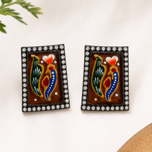 Bulk Price Antique <b>Silver</b> Plated Cute Geometric Bezel Setting Traditional Hand Painted Minakari Artwork <b>Stud</b> <b>Earrings</b> Women - Product Image 5