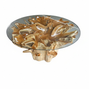 Mesa de Centro de Raíz de Teca Safina de Alta Gama, Redonda, de Madera Maciza con Acabado Natural y Tapa de Vidrio Transparente, Diseño Moderno, Ecológico y Único - Product Image 2