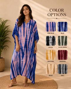 Pure Cotton Blue Pink Tie Dye Handmade Eco-Friendly Boho <b>Kaftan</b> Maxi Dress Women V Neck <b>Beach</b> Cover Modern Fit All Seasons - Product Image 5