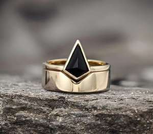 Black Onyx Ring Kite Shape Ring Set Of 2PCS 925 Sterling <b>Silver</b> 14K Gold Plated Wedding Engagement Ring - Product Image 4