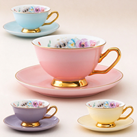 Ensemble tasse à café et soucoupe en céramique florale nordique 200 ml, tasse à thé en porcelaine à fleurs pastel avec plateau pour le thé de l'après-midi