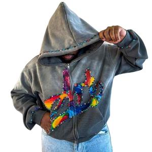 Sudadera con capucha de diamantes de imitación Sun Faded 100% algodón Full Zip up Acid Wash Sudadera con capucha Cremallera Serigrafía Sudadera con capucha 500gsm French Terry - Product Image 2