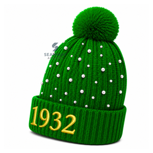 Gorro de punto acrílico para mujer Chi Eta Phi, bordado con perlas, con pompón y puño acanalado, gorro casual de invierno - Product Image 3
