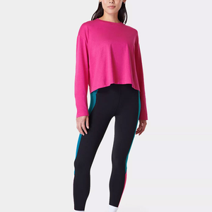 High Quality Women's <b>Pink</b> Knitted Long Sleeve <b>Crop</b> <b>Top</b> Crew Neck Loose Fit Breathable Solid Color Casual Wear All Seasons - Product Image 4