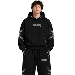 Customizable DTG Graphic Oversized Black Rivet <b>Stud</b> Hoodies Sweatpants Loose Fit Heavyweight Streetwear Sets OEM Screen Print - Product Image 4