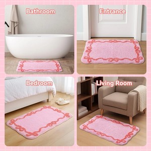 Alfombra de Baño de Algodón Rosa con Borde Bordado, Rectangular, Antideslizante, con Base de Goma, para Uso Doméstico, Diseño Acolchado y Elegante - Product Image 5