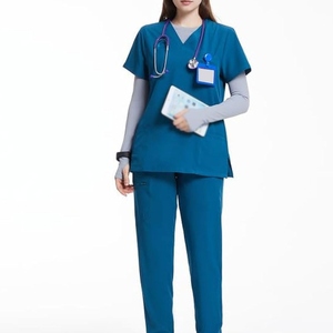 Women's Blue <b>Scrub</b> <b>Set</b> V-Neck Top With Pockets And Matching Pants Hospital Uniforms - Product Image 1