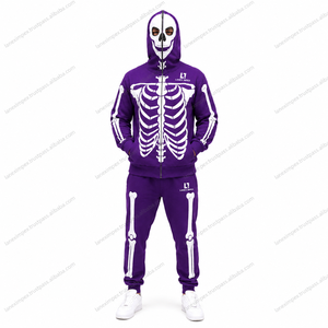 Custom Men Skeleton Hoodie Skull Bone Print Full <b>Zip</b> Sweatshirt Gothic Streetwear Jacket Halloween Costume Purple Graphic Print - Product Image 2