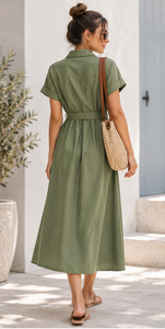 Vestido Casual de Verano para Mujer, Largo, sin Mangas, de Rayón Verde, Ecológico, Lavable, con Cuello Camisero, Cinturón y Abertura Lateral - Product Image 4