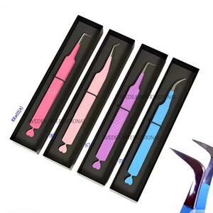 แหนบต่อขนตาแบบมีโลโก้สั่งทำได้ เคลือบสีชมพูฟ้าแบบด้านและเงา พร้อมกล่องแม่เหล็ก - Product Image 1