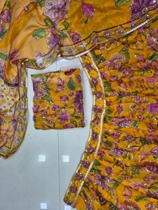 <b>Women</b> Mustard Yellow Floral Print 100% Silk <b>Short</b> Top Lehenga Choli <b>Set</b> with Dupatta Sequins Mirror Work Embroidery 3 Piece - Product Image 2