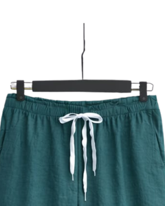 Conjunto de dos piezas para mujer, camisa azul claro y pantalones anchos verdes, conjunto informal de algodón y lino, ropa de verano con bolsillos estampados - Product Image 5