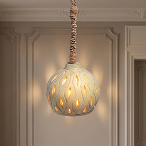 Sage Green Ceramic Pendant <b>Light</b> Rope Cord Perforated Leaf Cutout Hanging Lamp <b>Globe</b> Wabi Sabi LED E27 Bedroom Drum Chandelier - Product Image 3