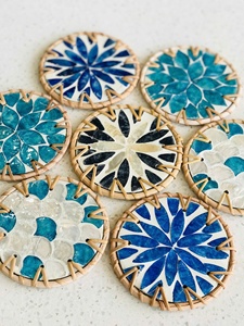 Posavasos redondo de ratán ecológico y platillos taza de té con incrustaciones de nácar para utensilios de cocina y decoración del hogar - Product Image 4