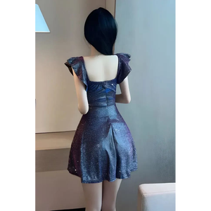 ชุดมินิเดรสแขนระบาย Galaxy Glitz ชุดเดรสปาร์ตี้ประดับเลื่อมสีรุ้งไล่เฉด ชุดเดรสทรงเอไลน์ลายดาวกลางคืน - Product Image 2