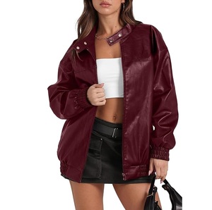 Chaqueta Bomber de Cuero PU Negra para Mujer con Cierre de Cremallera, Cuello Camisero, Manga Larga, Estilo Otoñal a Prueba de Viento - Product Image 6