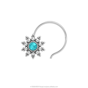 Indian Mores 925 Sterling <b>Silver</b> Round Shape Turquoise Cup Setting <b>Nose</b> Pin Stud for Women Girls - Product Image 1