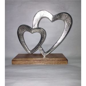 Proveedor al por Mayor de Figuras Metálicas Contemporáneas de Dos Corazones Plateados sobre Base de Madera Sólida, Escultura Abstracta de Amor para Vestíbulo de Hotel - Product Image 1