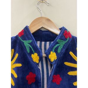Hand Embroidered <b>Velvet</b> Cotton <b>Jacket</b> <b>Women</b> Mandarin Collar Full Sleeve Winter Bohemian Eye Pattern Open Front Coat - Product Image 3