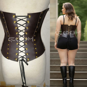 Corsé de cuero genuino marrón oscuro estilo Steampunk con cierre de gancho dorado y detalles de tachuelas - Product Image 5