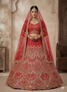 Royal <b>Red</b> Bridal Lehenga Heavy Gold Zari Scalloped Embroidery Premium <b>Silk</b> Ghagra Choli with Stone Work & Net Dupatta Wedding - Product Image 2
