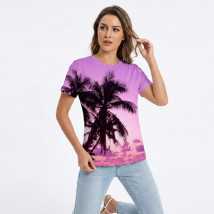 Camiseta de Manga Corta para Hombre, Color Morado, con Estampado de Palmeras y Atardecer, Cuello Redondo, Tejido de Punto, Corte Regular - Product Image 4