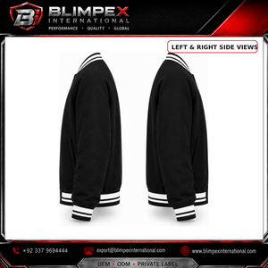 Veste bomber varsity noire pour homme avec logo personnalisé OEM, boutons pression brodés, style universitaire, avec bordure côtelée rayée - Product Image 4