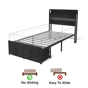 Black Metal <b>Twin</b> <b>Bed</b> <b>Frame</b> with Headboard and Storage Drawers Single <b>Bed</b> Platform <b>Frame</b> - Product Image 5