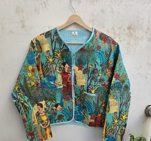 Premium Handmade Inspired Kantha <b>Quilted</b> Winter Thick <b>Jacket</b> for Women Vibrant Turquoise Cotton Outerwear Reversible Bohemian - Product Image 1