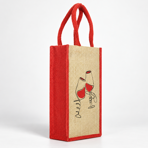 Natural Laminated Jute <b>Wine</b> <b>Bottle</b> Gift Bag for Two <b>Bottles</b> 20.5 x 34 x 11 cm Red Cotton Webbed Handle Custom Logo Wholesale OEM - Product Image 4