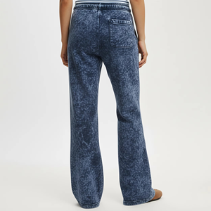 Custom Women's Blue Acid Wash Flare Sweatpants 100% Cotton French Terry Bell Bottom Joggers Lightweight Streetwear Fashion - Product Image 2