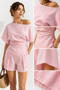 Summer <b>Pink</b> Two Piece Set Women Casual Shoulder Top Shorts Matching Outfits Elegant Boho Beach Vacation Breathable Eco-Friendly - Product Image 6