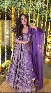 Women's Purple Embroidered Chiffon Anarkali <b>Dress</b> Full Length O-Neck Elegant Floral Pattern Sleeveless Loose Fit Spring Summer - Product Image 3
