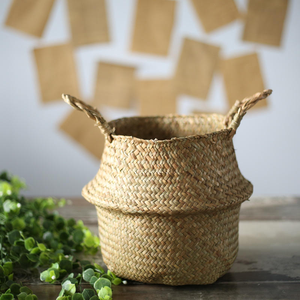 Panier rond pliable en jonc de mer, tressé à la main, avec poignées, pour plantes, pique-nique, couvercle de pot de fleurs et rangement - Product Image 4