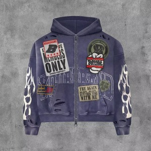 Hoodie zippé Premium Glory personnalisé, color block, coupé-cousu, brodé, court, délavé à l'acide, effet vieilli, avec strass, vente en gros OEM - Product Image 5
