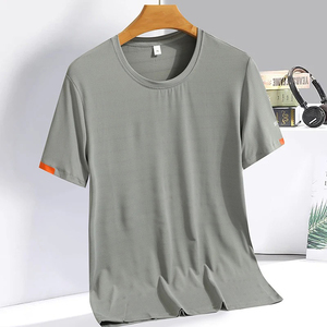 <b>Men's</b> Summer Premium Quality Polyester/Cotton Knitted Custom Printed ODM Casual T-<b>shirt</b> Single Button Short Sleeve <b>Collarless</b> - Product Image 2