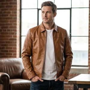 Chaqueta de Motociclista Debid para Hombre, de Cuero Genuino Marrón, con Cuello Camisero, Cierre de Cremallera, Estilo Sólido para Otoño, Largo Regular - Product Image 2