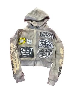 เสื้อมีฮู้ดแบบซิปรูดทรงโอเวอร์ไซส์เสื้อครอปแบบมีฮู้ดแนวสตรีทเสื้อผ้าแนวสตรีทผ้าซักกรดทำจากผ้าเฟรนช์เทอร์รี่ - Product Image 3