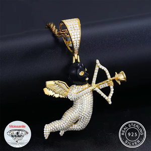 Colgante de Ángel Cupido con Incrustaciones de Piedras Redondas Micro Pavé, Chapado en Oro de 18K, Joyería Hip Hop Unisex, Collar con Colgante - Product Image 3