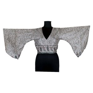 Women's Summer Silk Crop <b>Top</b> With Front Tie & Bell Sleeves Modest <b>Indian</b> <b>Top</b> As Gift For Her Free Size Bell Sleeve Casual Party - Product Image 1