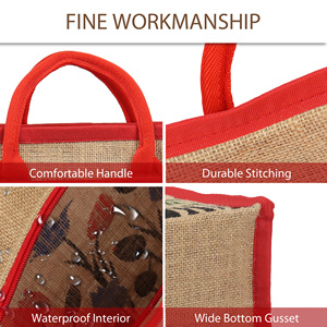 Floral Printed <b>Foldable</b> Jute Shopping Gift Tote <b>Bag</b> with Zipper Closure and Double Loop Handle - Product Image 4