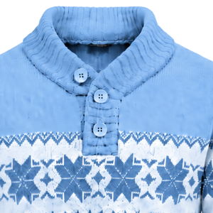 Mens Light Blue Geometric Pattern Button Collar Knit <b>Pullover</b> <b>Sweater</b> Long Sleeve Ribbed Cuff Hem Winter Casual 100% Cotton - Product Image 5