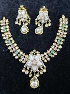 Indian Bridal AD CZ <b>Necklace</b> Set Girls Women party with Rose Quartz Pear Cut Crystals and <b>Matching</b> Earrings for Wedding - Product Image 3