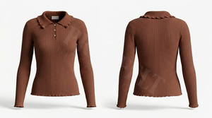 Polo côtelé 100 % haute qualité avec détails boutonnés personnalisés et col à volants, manches longues, doux et confortable, style tendance - Product Image 2