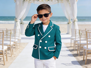Costume de blazer vert sarcelle à double boutonnage pour garçons avec passepoil blanc |   Ensemble de veste pour enfants pour occasions formelles, mariages et fêtes - Product Image 1