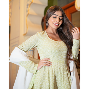 Ensemble de costume en mousseline de coton respirant 100% coton Chikankari vert pour femmes - Product Image 3