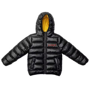 Black Hooded Puffer <b>Jacket</b> Zipper Closure Windproof Down Filled Winter Coat Unisex Casual Solid Color Embroidered Logo Front - Product Image 1