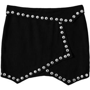Black Genuine Leather Studded <b>Straight</b> Mini <b>Skirt</b> Women Rhinestone Decorated Solid Color Regular Waistline Formal Eco-Friendly - Product Image 4